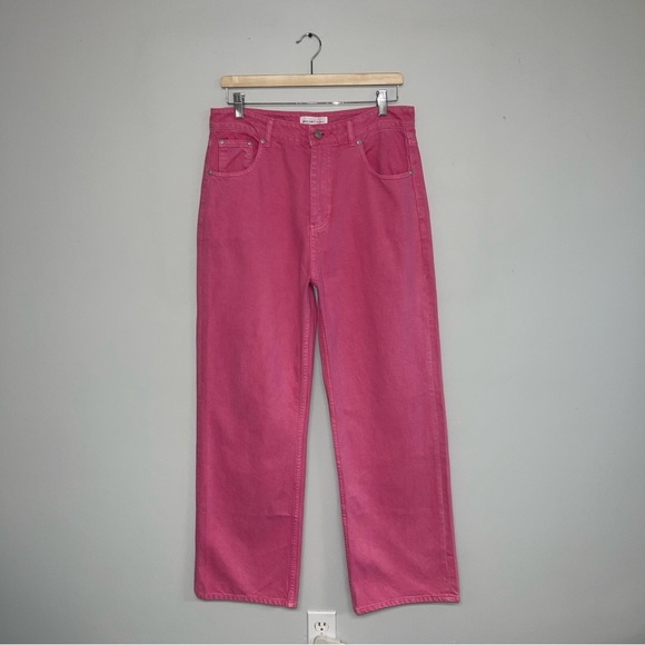 GREY LAB Jeans Women’s Size Large Pink Bright Denim Straight Wide Leg High Rise - Picture 2 of 14